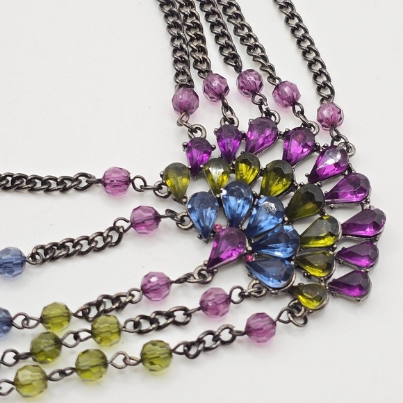 Whimsigoth‎ Statement Necklace Gunmetal Rhinestones Peacock Fashion Jewelry - Picture 8 of 12